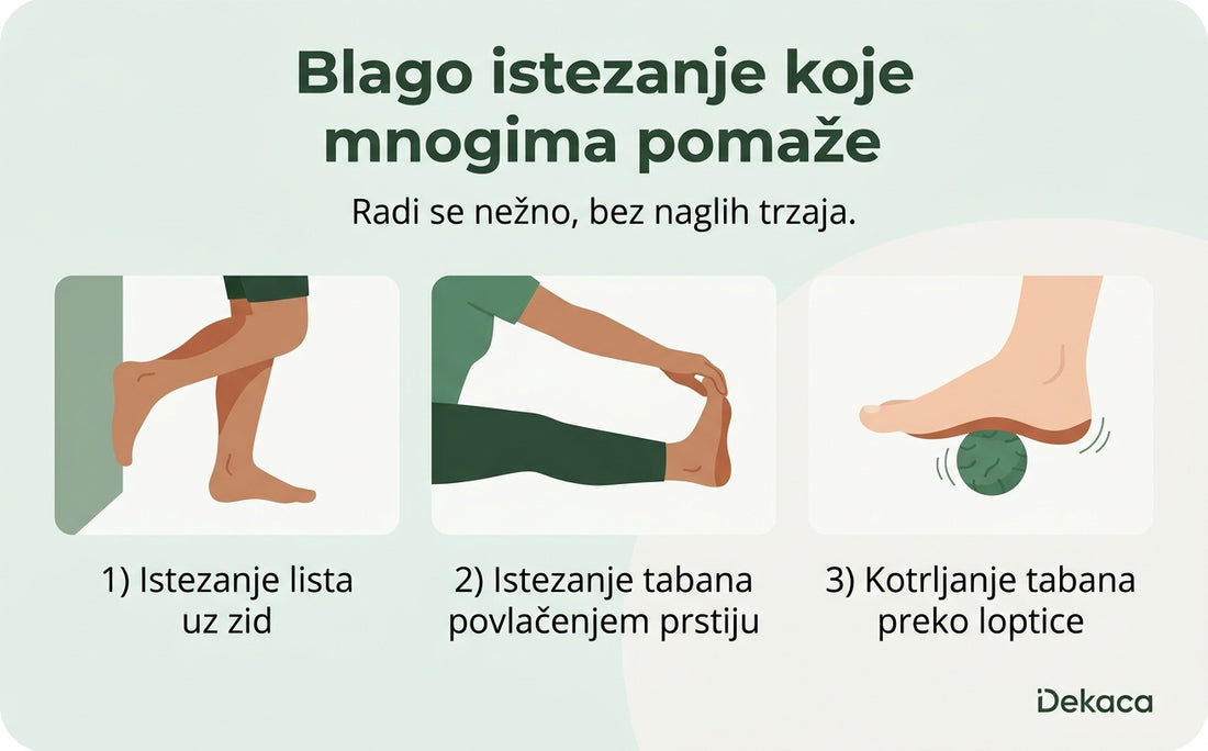Tri vežbe istezanja kod petnog trna — istezanje lista uz zid, istezanje tabana povlačenjem prstiju i kotrljanje tabana preko loptice