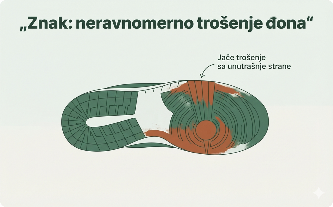 Neravnomerno istrošen đon patike sa jače istrošenom unutrašnjom stranom